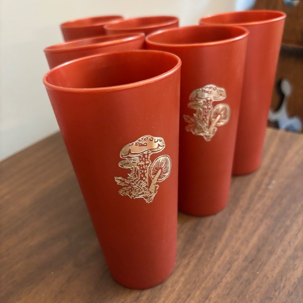 Vintage 70s Mushroom Plastic Tumblers Set of 6 Burnt Orange Gold Retro Cups